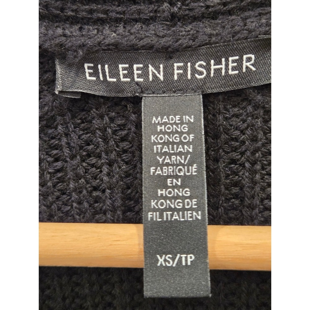 Eileen Fisher Black Extra Fine Merino Wool Ribbed Open Front Cardigan XS - Picture 2 of 7